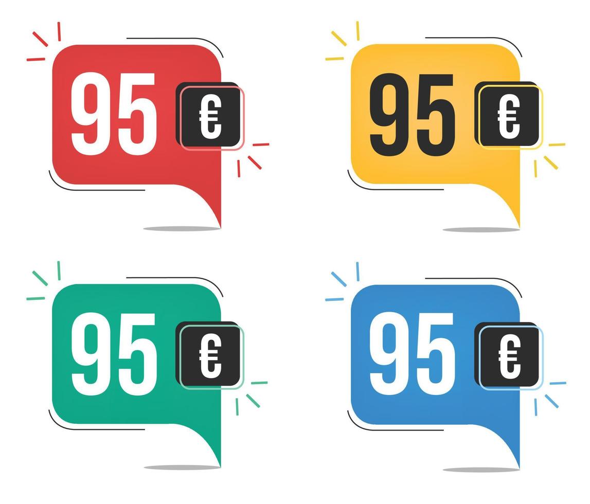 95 euro prijs. geel, rood, blauw en groen valuta labels. ballon concept met vijfennegentig euro verkoop label. vector