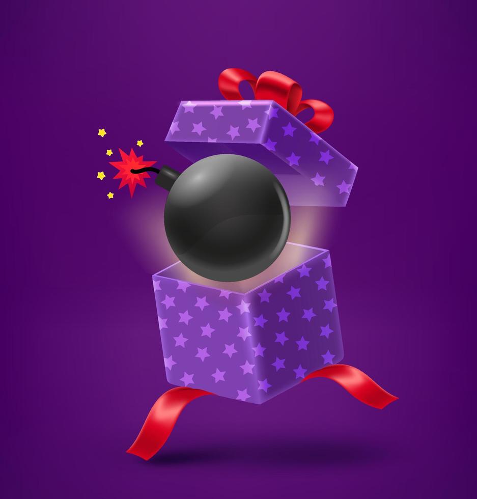 Open geschenk doos met vlammend bom. 3d vector illustratie