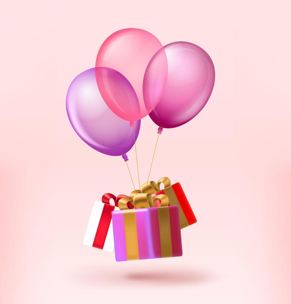 geschenk dozen met kleur lucht ballons. 3d vector illustratie