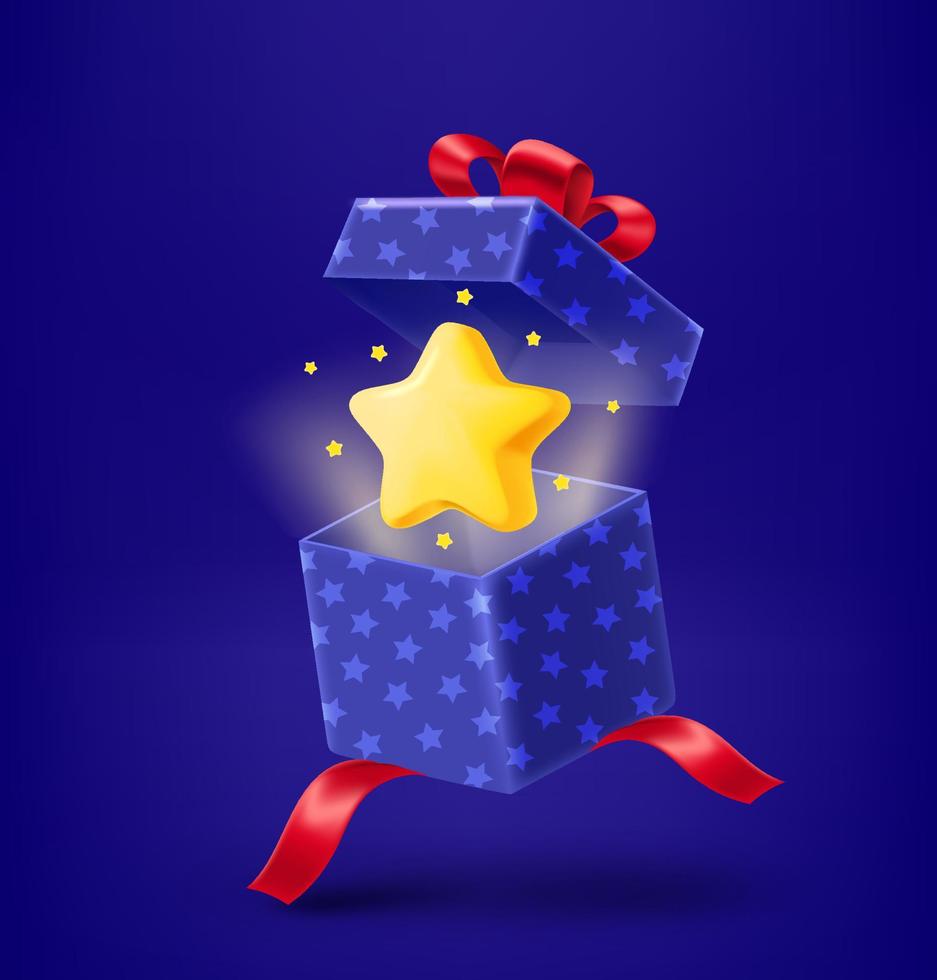 Open geschenk doos met gouden ster. 3d vector illustratie