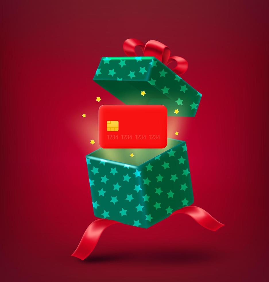Open geschenk doos met schijnend credit kaart. 3d vector illustratie