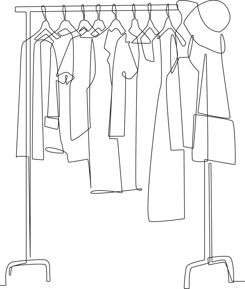 doorlopend een lijn tekening verzameling van kleren hangende Aan een rek met hoed. kleding concept. single lijn trek ontwerp vector grafisch illustratie.