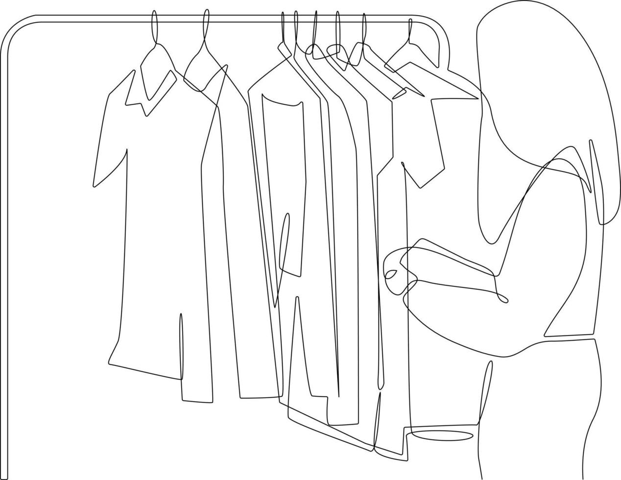 doorlopend een lijn tekening gelukkig vrouw staand in voorkant van hanger rek en proberen naar Kiezen kleding dressing. kleding concept. single lijn trek ontwerp vector grafisch illustratie.