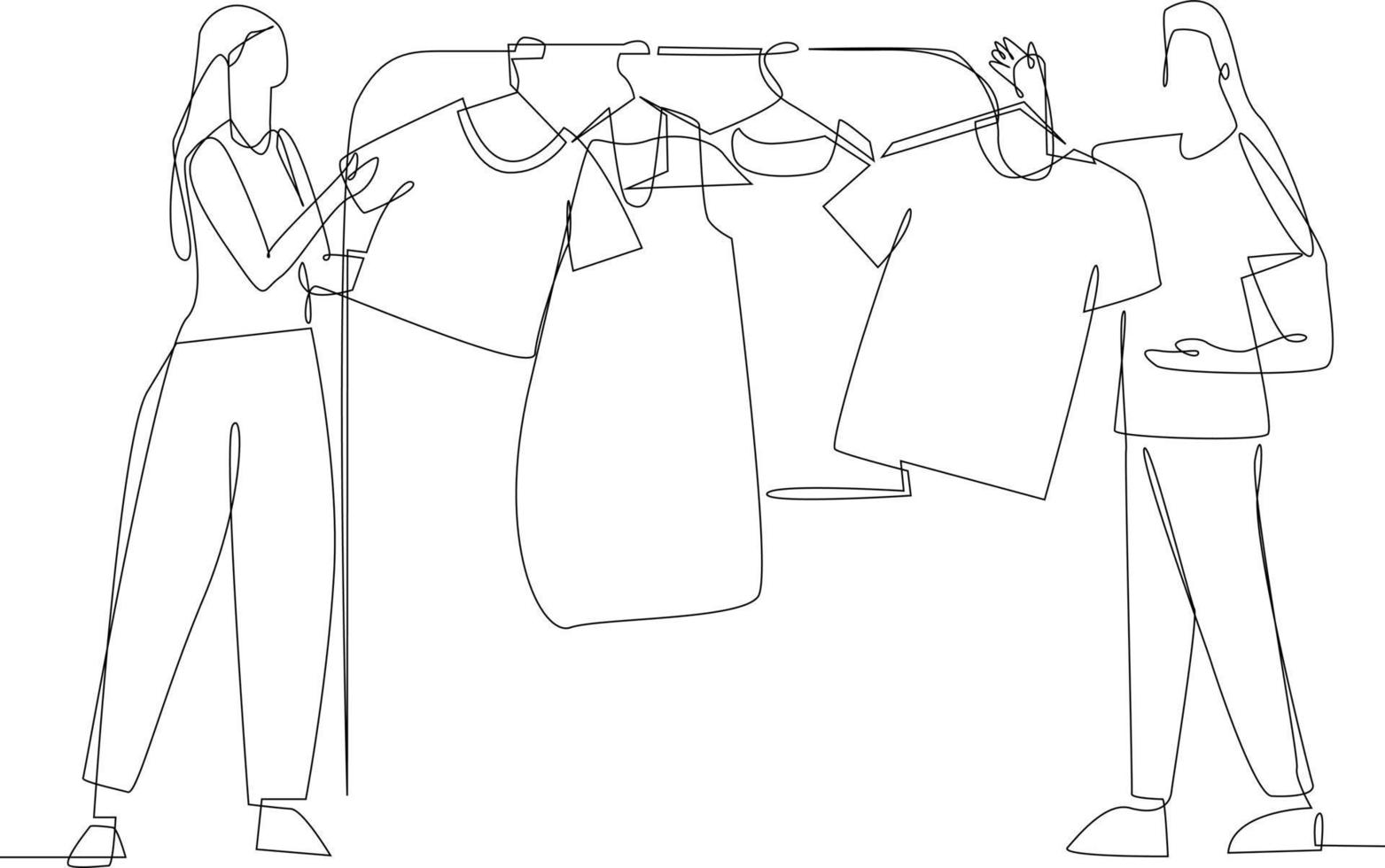 doorlopend een lijn tekening gelukkig vrouw staand in voorkant van hanger rek en proberen naar Kiezen kleding dressing. kleding concept. single lijn trek ontwerp vector grafisch illustratie.