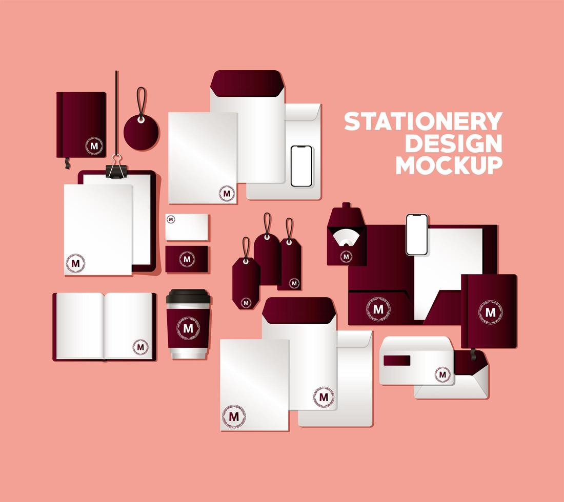 mockup set met donkerrood merkontwerp vector