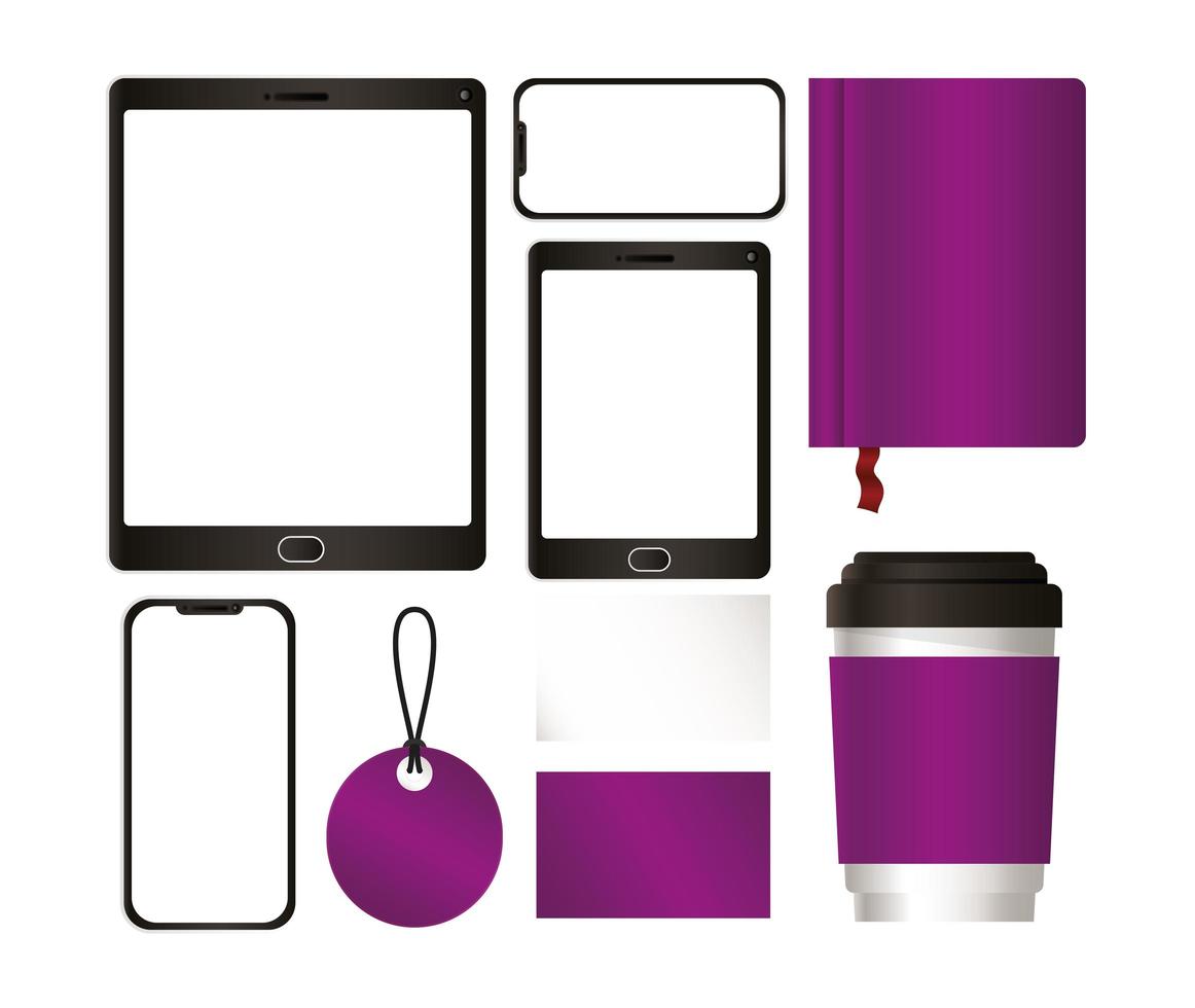 tablet en mockup set met paars merkontwerp vector