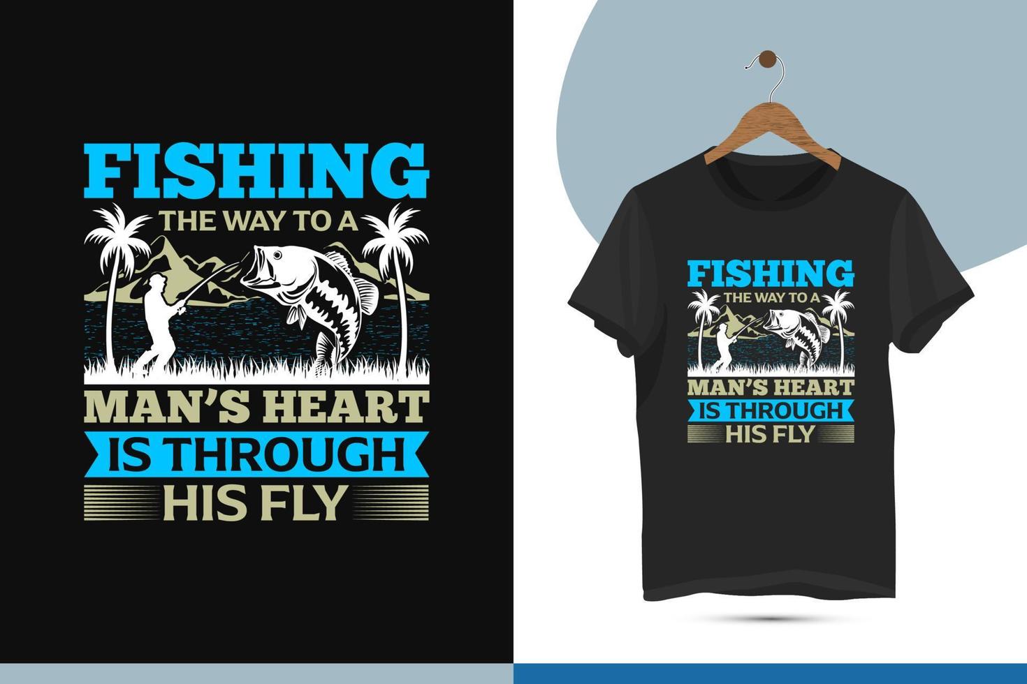 visvangst t-shirt ontwerp sjabloon. vector illustratie met berg, palm boom, gras, zee, rivier, visser, en vis silhouet voor een shirt.