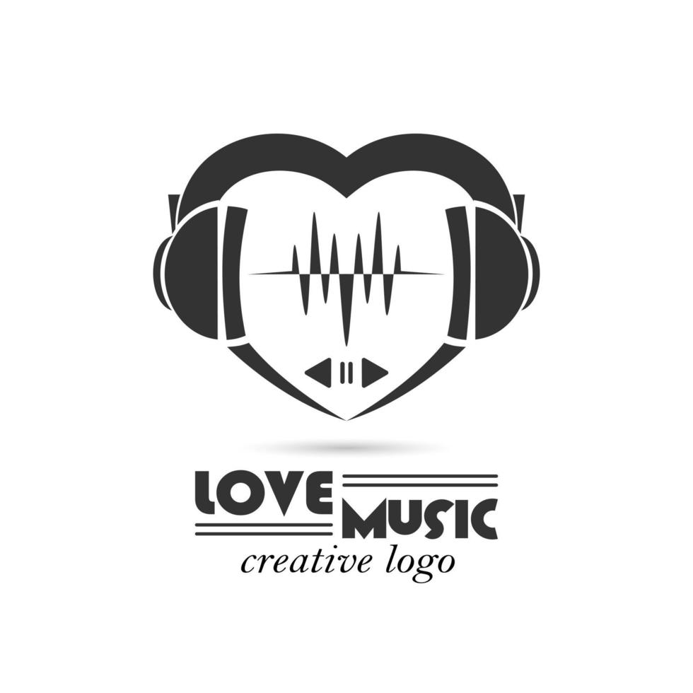 liefde muziek- logo. gemakkelijk zwart abstract logotype met oortelefoon symbool en hart vorm vector