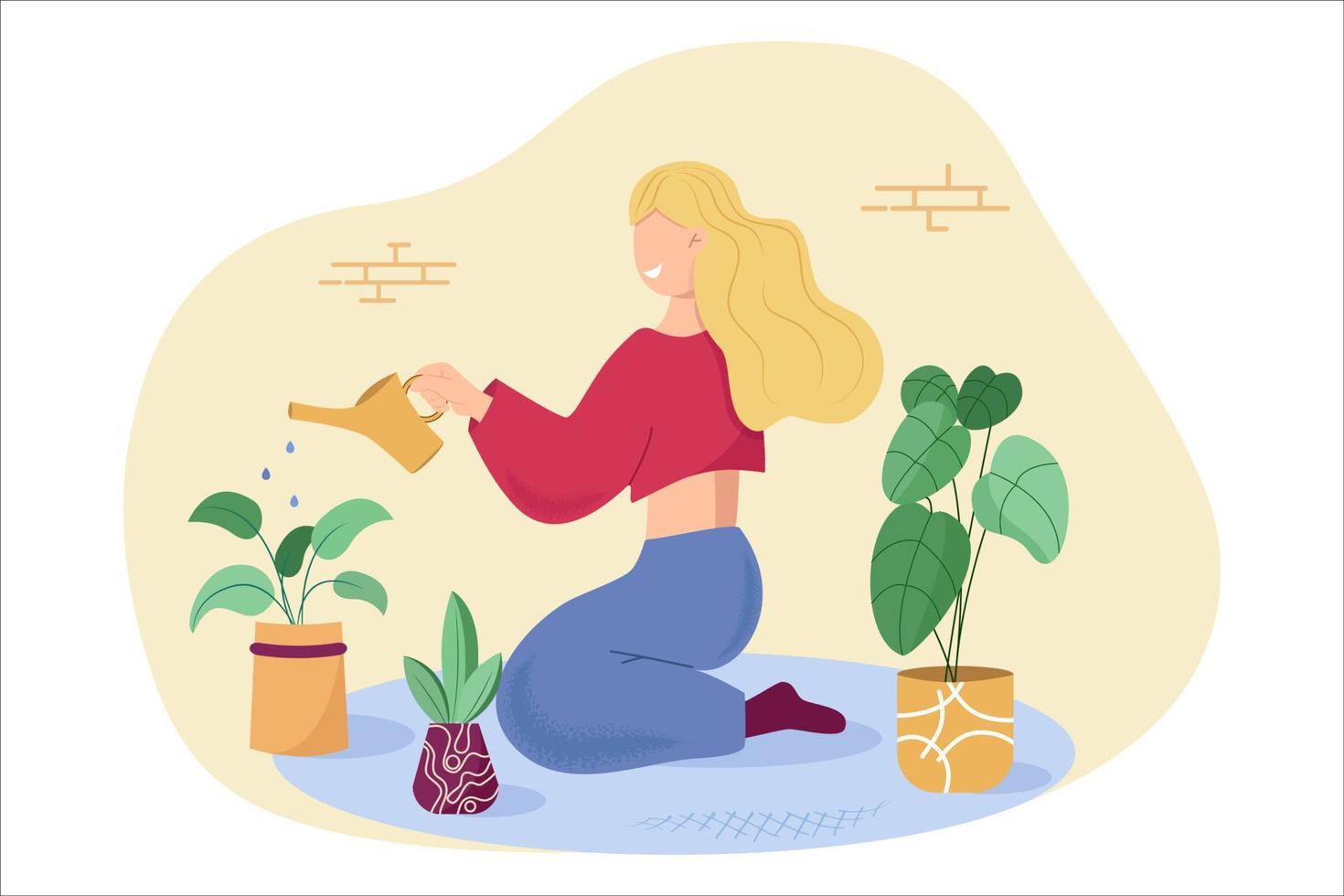 mooi jong vrouw gieter kamerplanten. zorgzaam voor binnen- planten. hobby. vector illustratie in vlak stijl