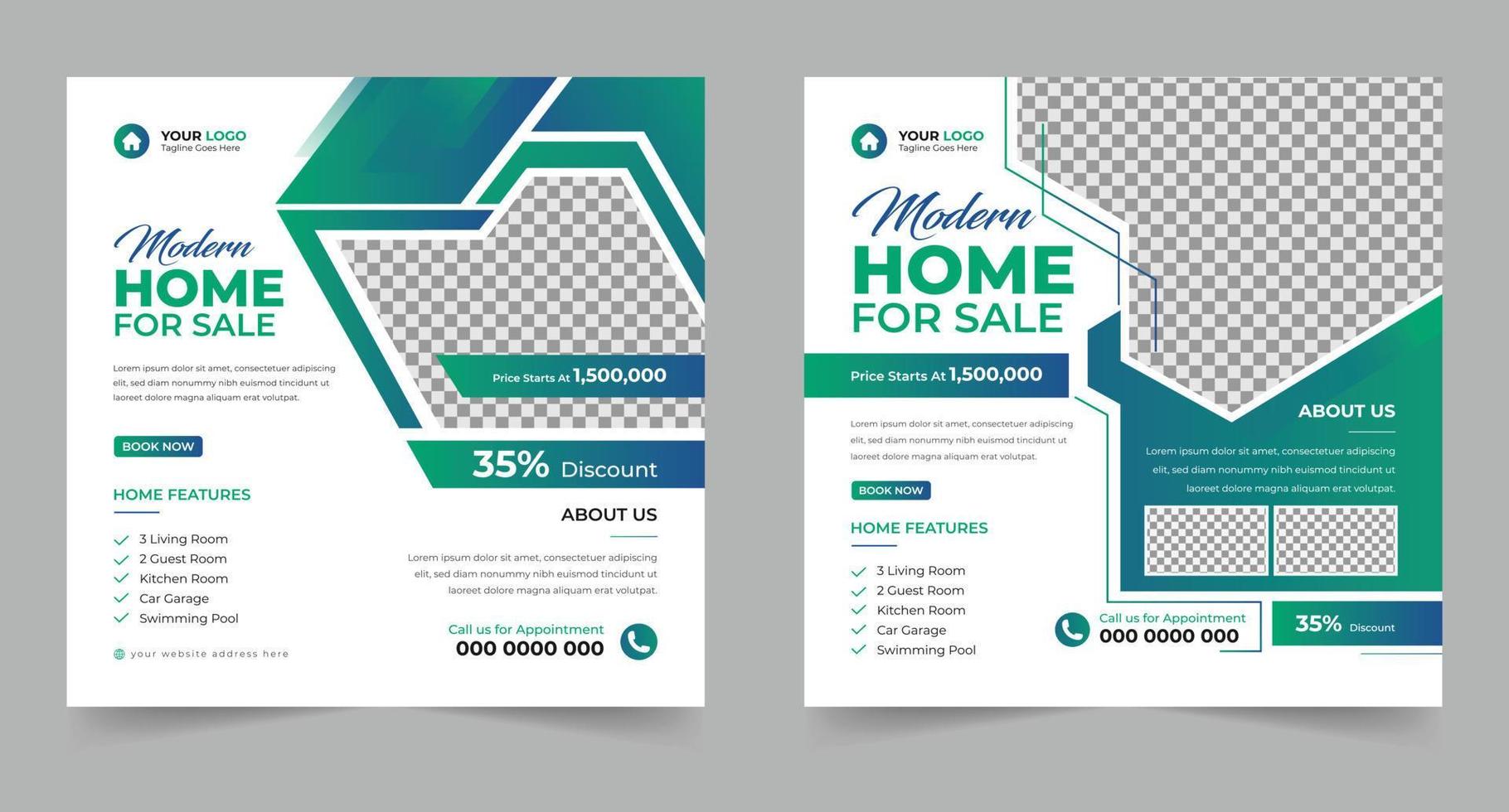 trendy onroerend goed huisverkoop en huishuur reclame geometrische moderne vierkante sociale media postbannerlay-outs ingesteld voor digitaal marketingbureau. zakelijke elegante promotie sjabloonontwerp. vector