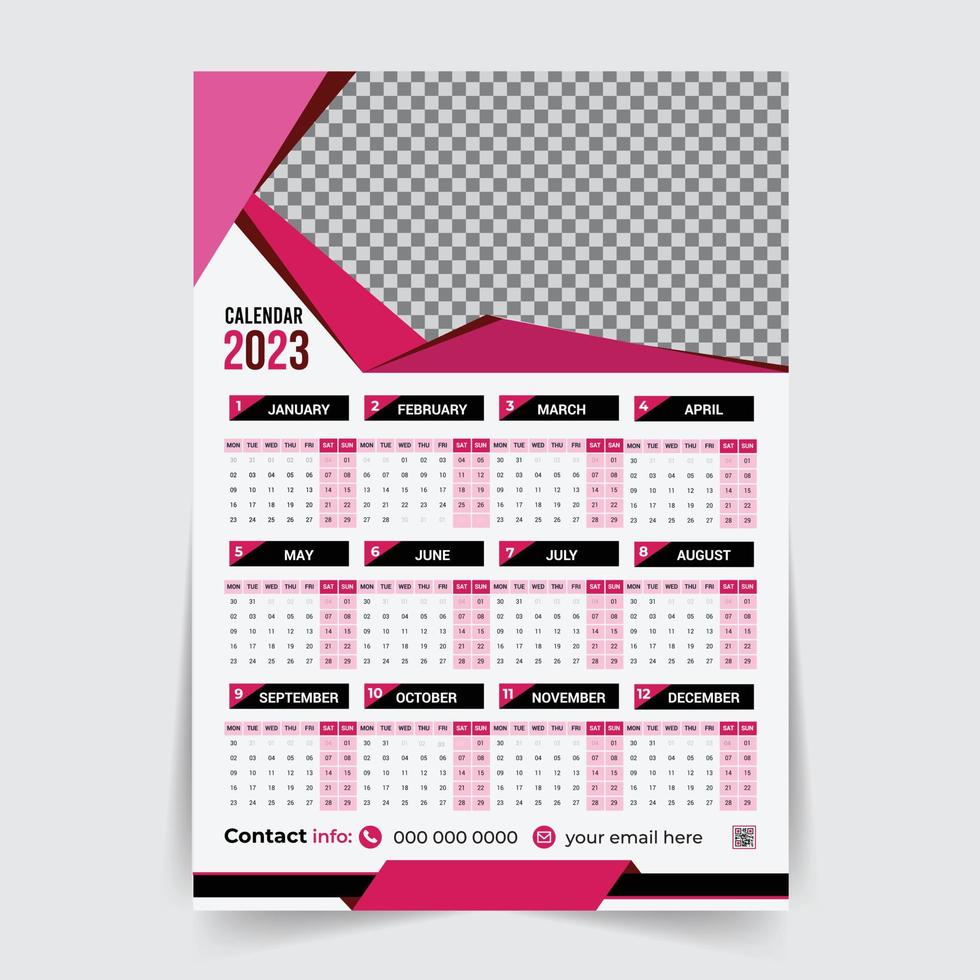 modern 2023 nieuw jaar muur kalender ontwerp sjabloon vector, creatief hoge kwaliteit drukklare kalender ontwerp sjabloon vector