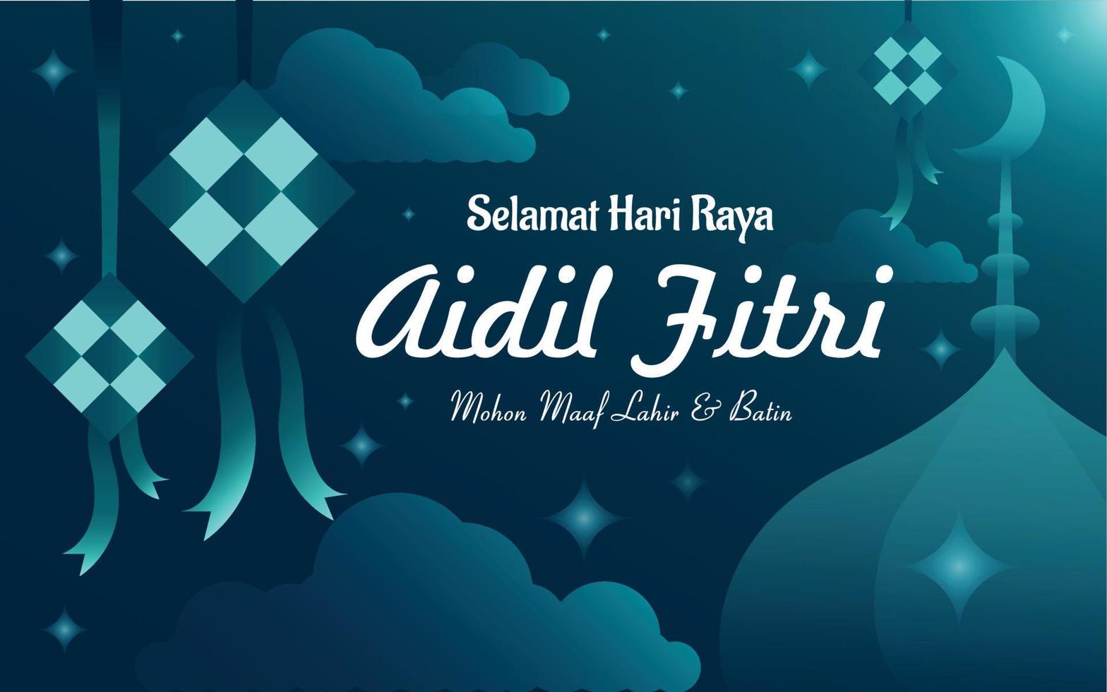 selamat idul fitri, aidil fitri reeks van ketupat, en moskee vertaling gelukkig eid mubarak, de viering van Islamitisch dag in de nacht. vector