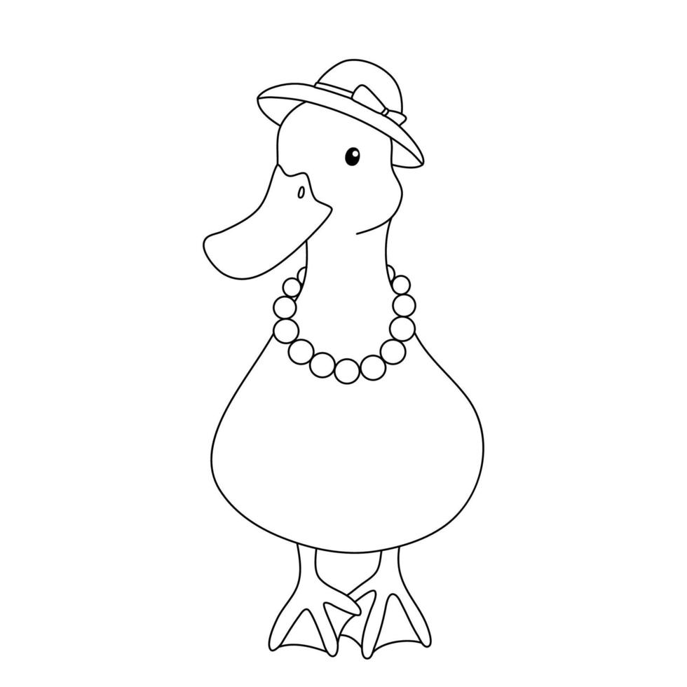 schattig schets eend moeder met hoed en kralen. hand- getrokken illustratie geïsoleerd Aan wit achtergrond. grappig boerderij dier voor kleur boek vector