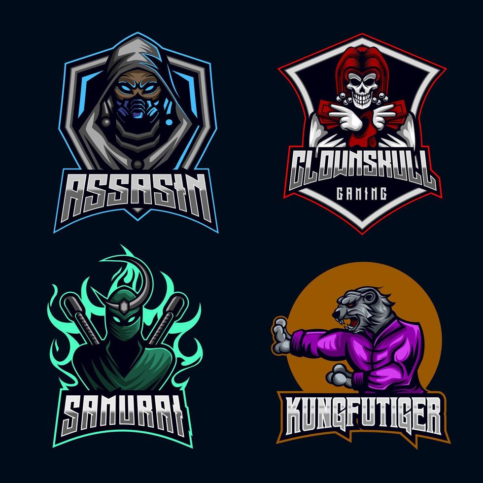 Sluipmoordenaar karakter ninja, schedel clown, tijger kungfu e-sport mascotte logo ontwerp bundel reeks icoon verzameling vector illustratie gaming team