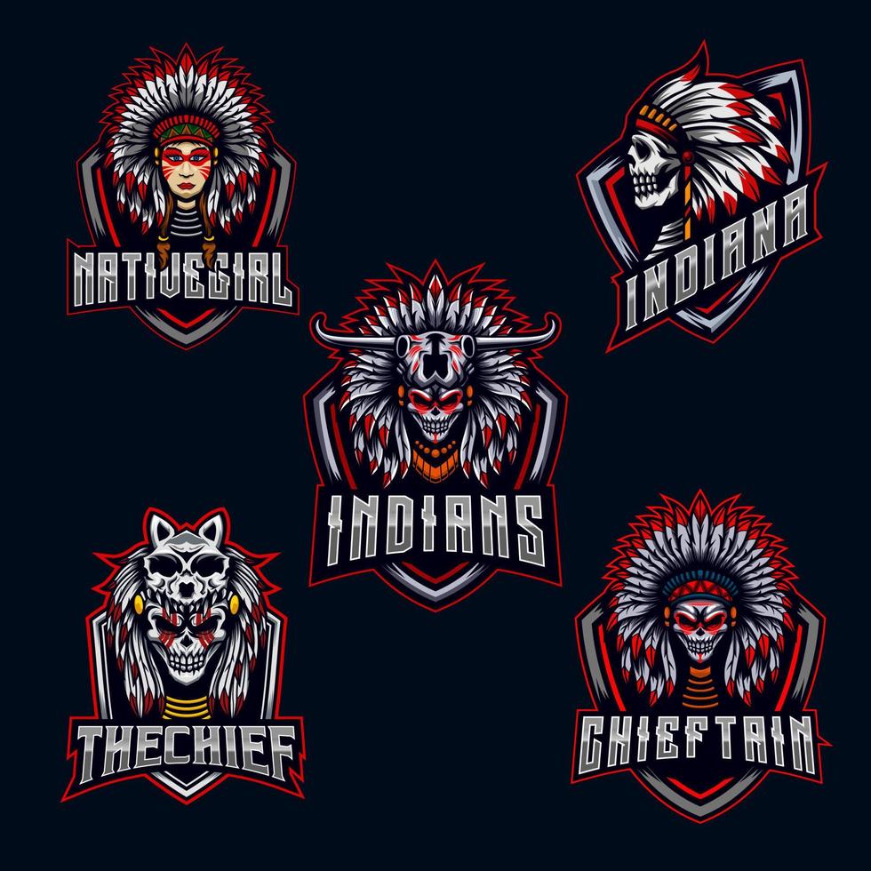 Indisch schedel karakter reeks logo e-sport mascotte ontwerp bundel reeks icoon verzameling vector illustratie gaming team