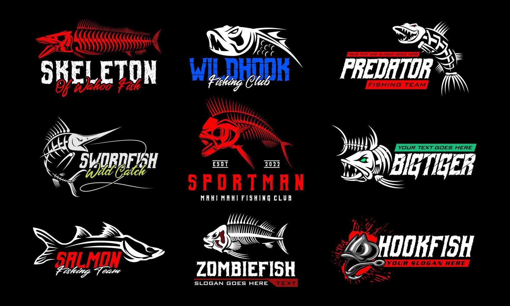 visvangst logo bundel. uniek en vers vis skelet visvangst logo sjabloon. Super goed naar gebruik net zo uw visvangst bedrijf logo. vector