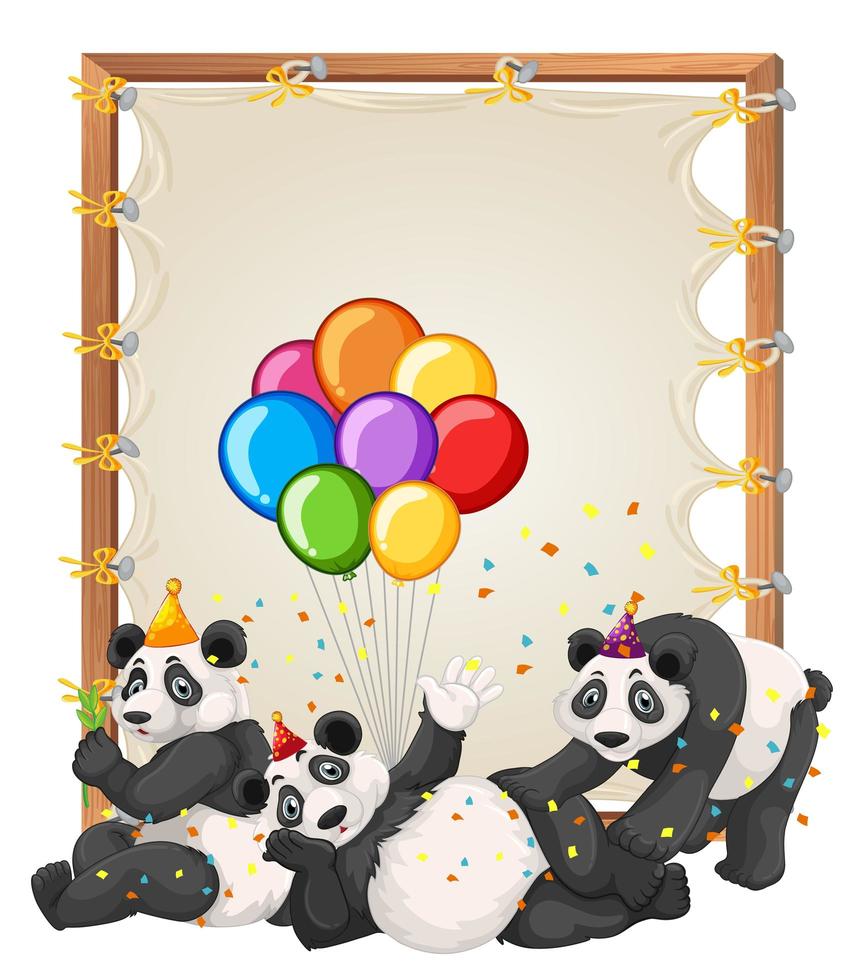 canvas houten frame sjabloon met panda's in feestthema geïsoleerd vector