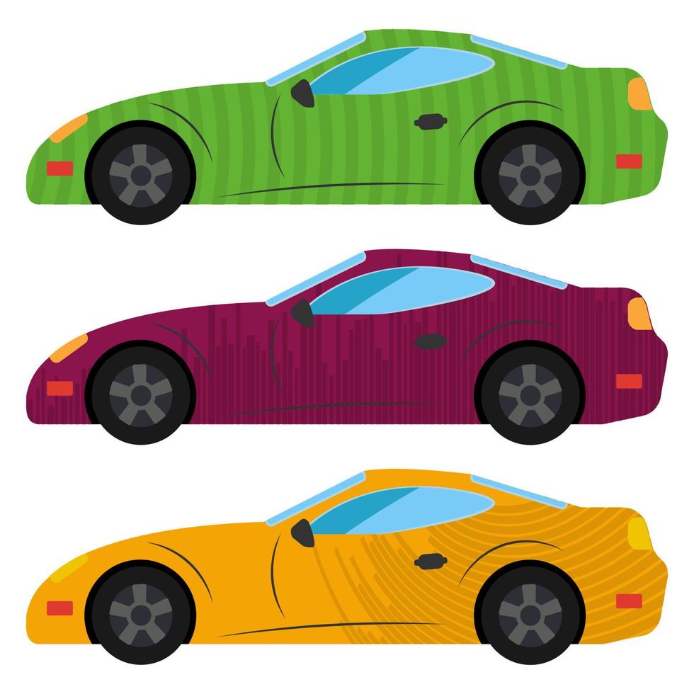 een reeks van drie auto's geschilderd in verschillend kleuren. vector illustratie