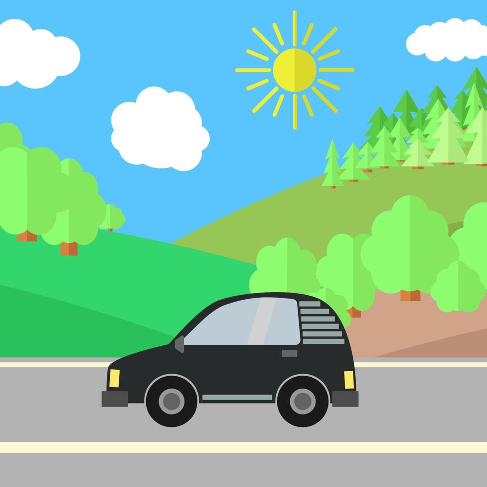 zwart auto Aan een weg Aan een zonnig dag. zomer reizen illustratie. auto over- landschap. vector