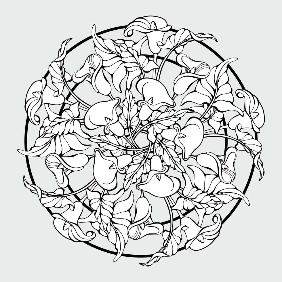 bloemen mandala met calla bloemen en bladeren. schets. vector illustratie.