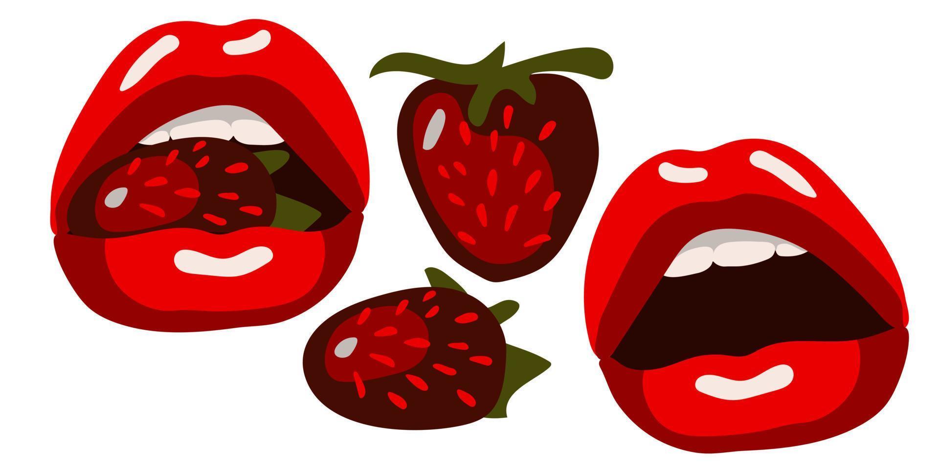 een reeks van rood lippen met aardbeien. BES in de tanden in de mond. een helder illustratie voor het drukken Aan spandoeken. vector illustratie van vrouw lippen. een kus. geïsoleerd Aan een wit achtergrond