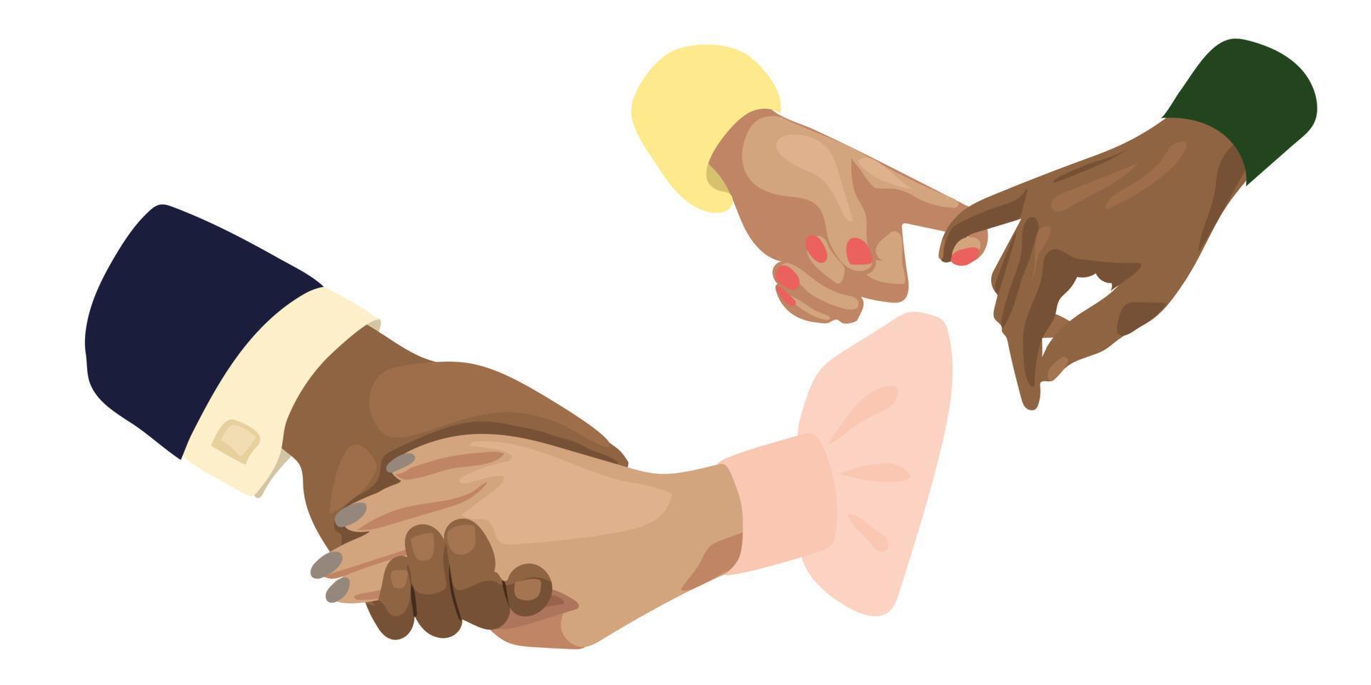 een reeks van illustraties van een Mens en een meisje Holding handen. hand- in hand- Mens en meisje. paar. gekleurde leer. Valentijnsdag dag. voor een poster, een ansichtkaart, een banier voor een bruiloft, een kop en een t-shirt vector