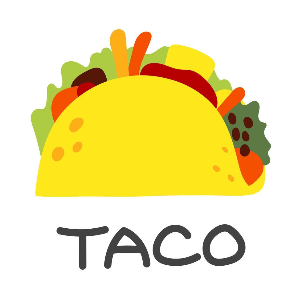 Mexicaans snel voedsel taco met vlees, groente en tortilla. vector illustratie in vlak stijl.