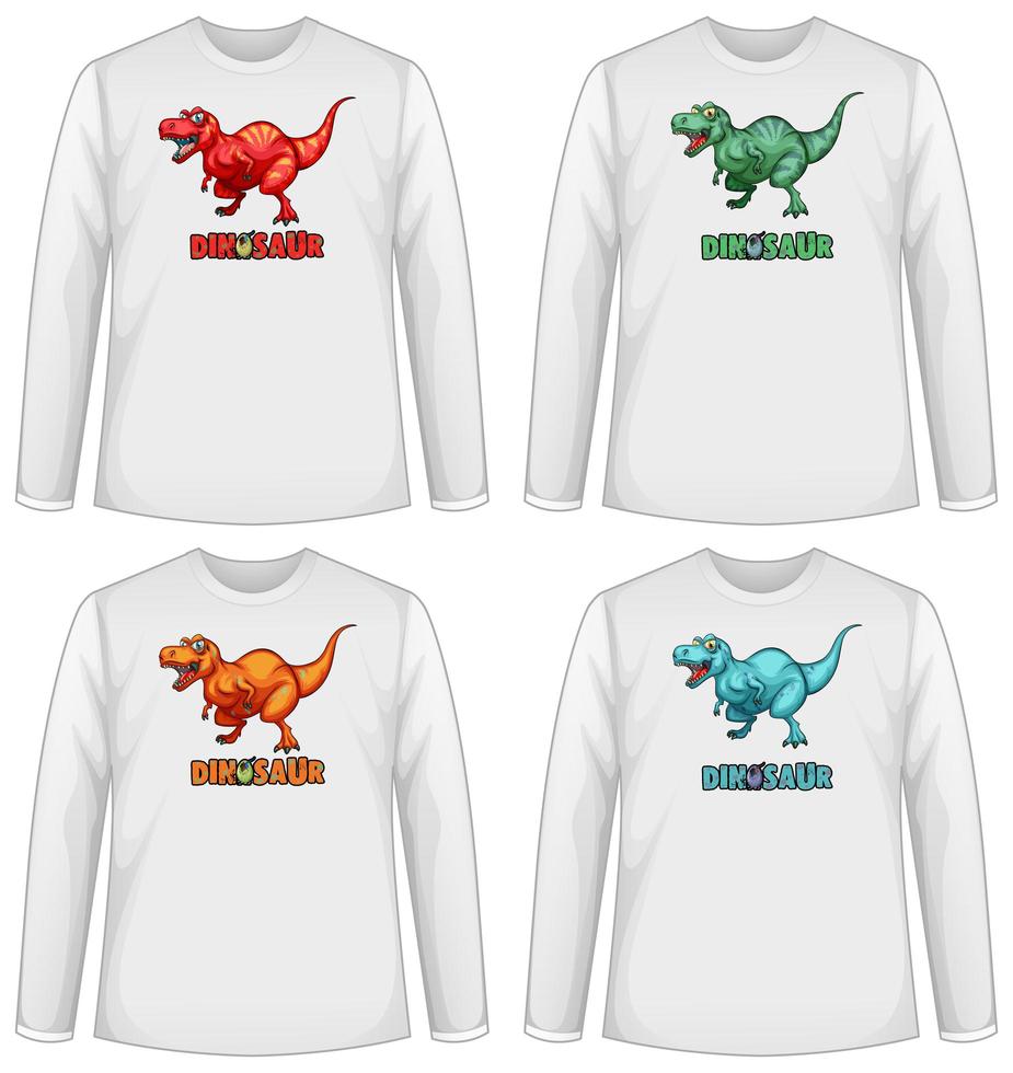 set van verschillende kleuren dinosaurusscherm op t-shirt met lange mouwen vector