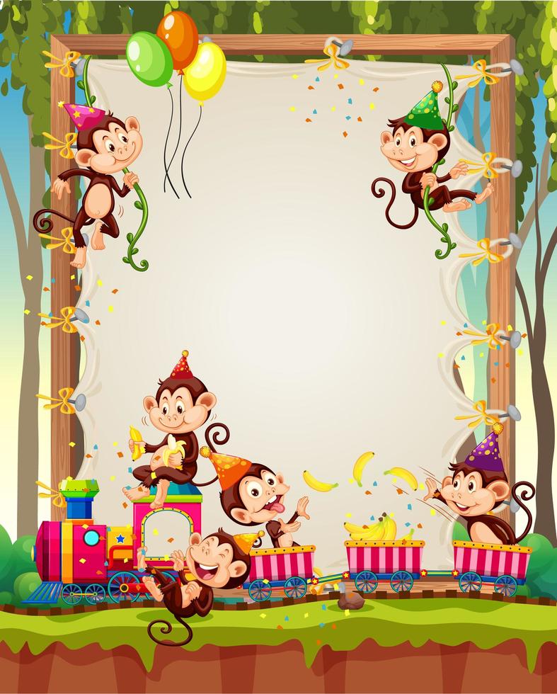 canvas houten frame sjabloon met apen in feestthema op bos achtergrond vector