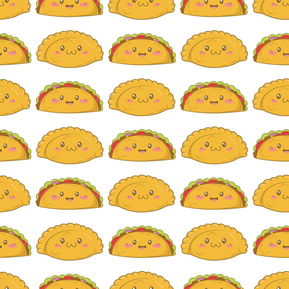 naadloos patroon met Mexicaans pasteitje empanadas en taco's met grappig gezichten in tekening tekenfilm stijl geïsoleerd Aan wit achtergrond vector