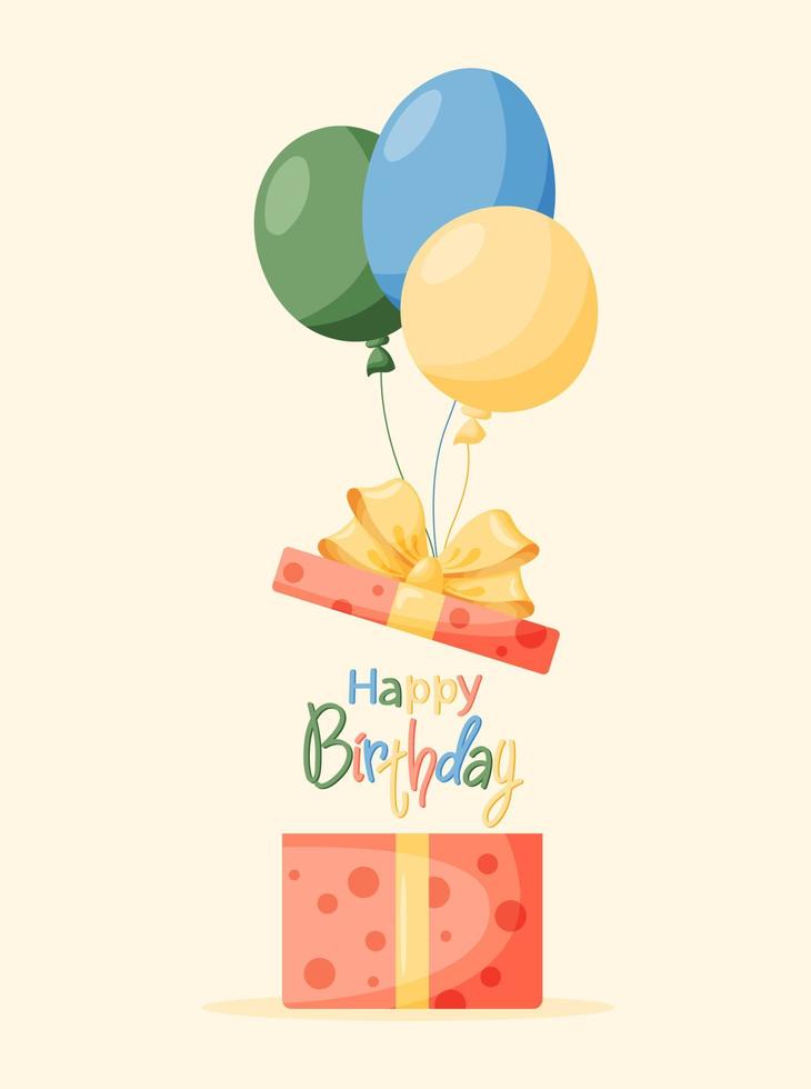 Open geschenk doos met verrassing en ballonnen. belettering gelukkig verjaardag. ontwerp sjabloon voor verrassing, feestelijk evenement, geschenken, verjaardag. vector