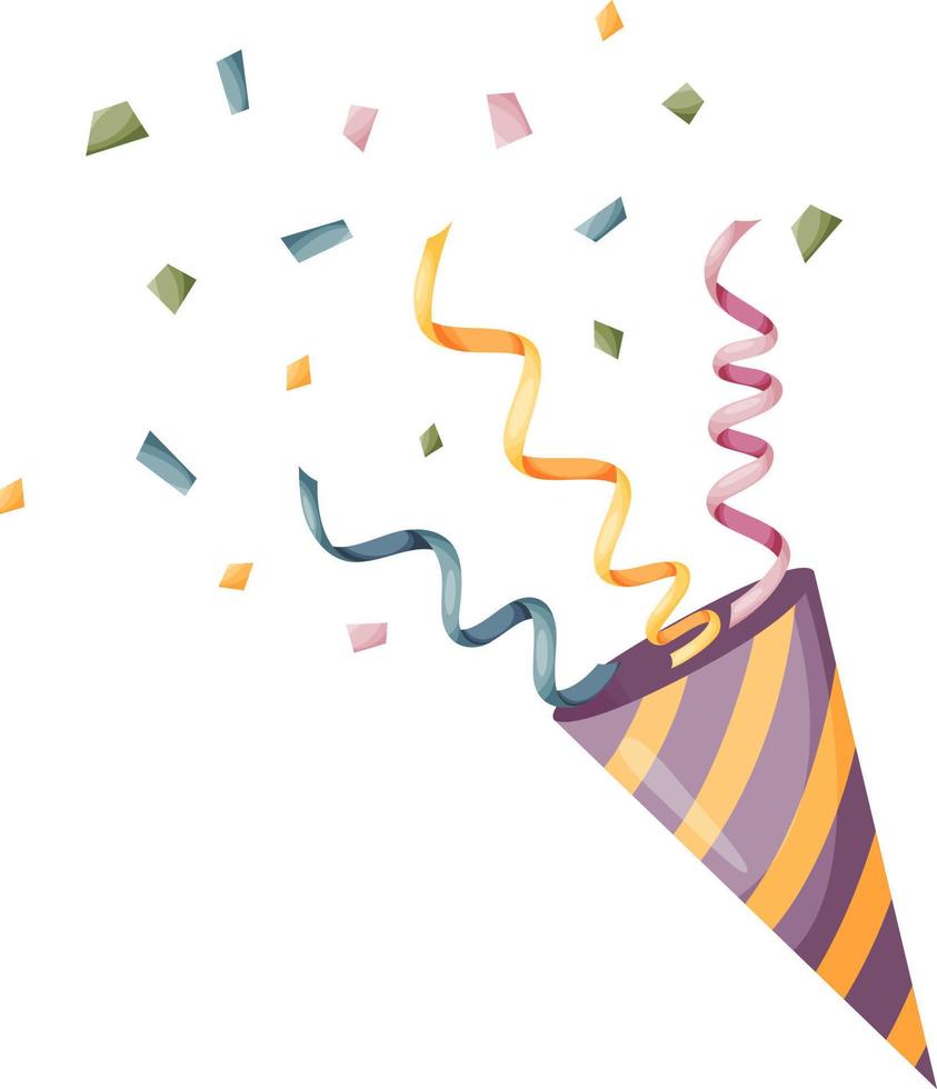 verjaardag partij petard met serpentijn en confetti. een schattig decoratie voor verjaardag partij, vakantie, feestelijk, viering, evenement. vector vlak grafisch tekenfilm illustratie ontwerp