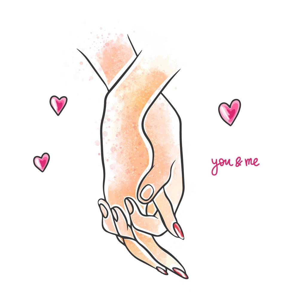 waterverf illustratie Aan een wit achtergrond met harten, een vrouw hand- met een rood manicure houdt een mannetje hand, u en me vector