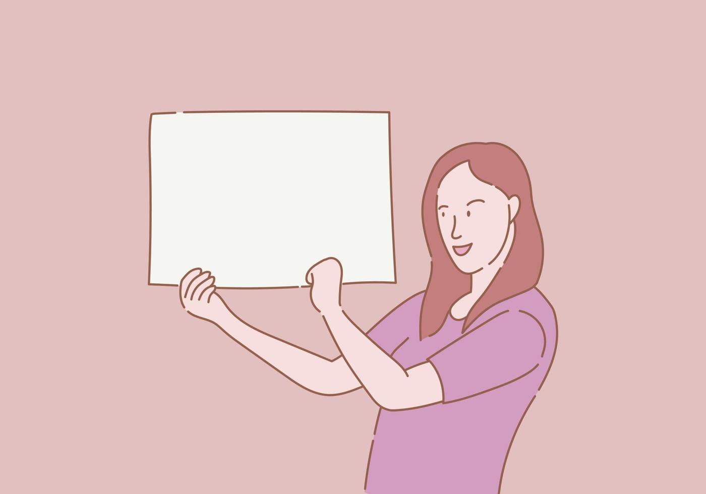 vrouw met glimlach Holding blanco leeg ruimte papier voor sjabloon met schets of lijn en schoon gemakkelijk stijl vector