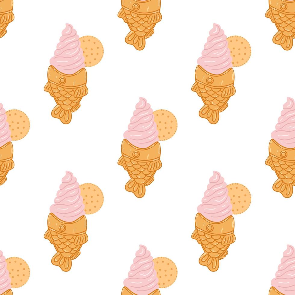 naadloos patroon met taiyaki visvormig ijs room ijshoorntje in tekenfilm vlak stijl. hand- getrokken vector achtergrond met traditioneel Japans voedsel, zoet, toetje