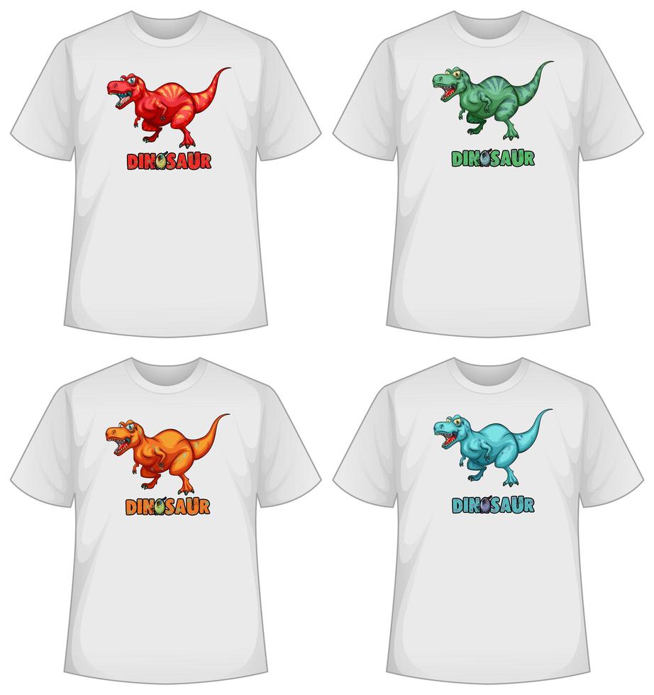 set van verschillende kleuren dinosaurusscherm op t-shirts vector