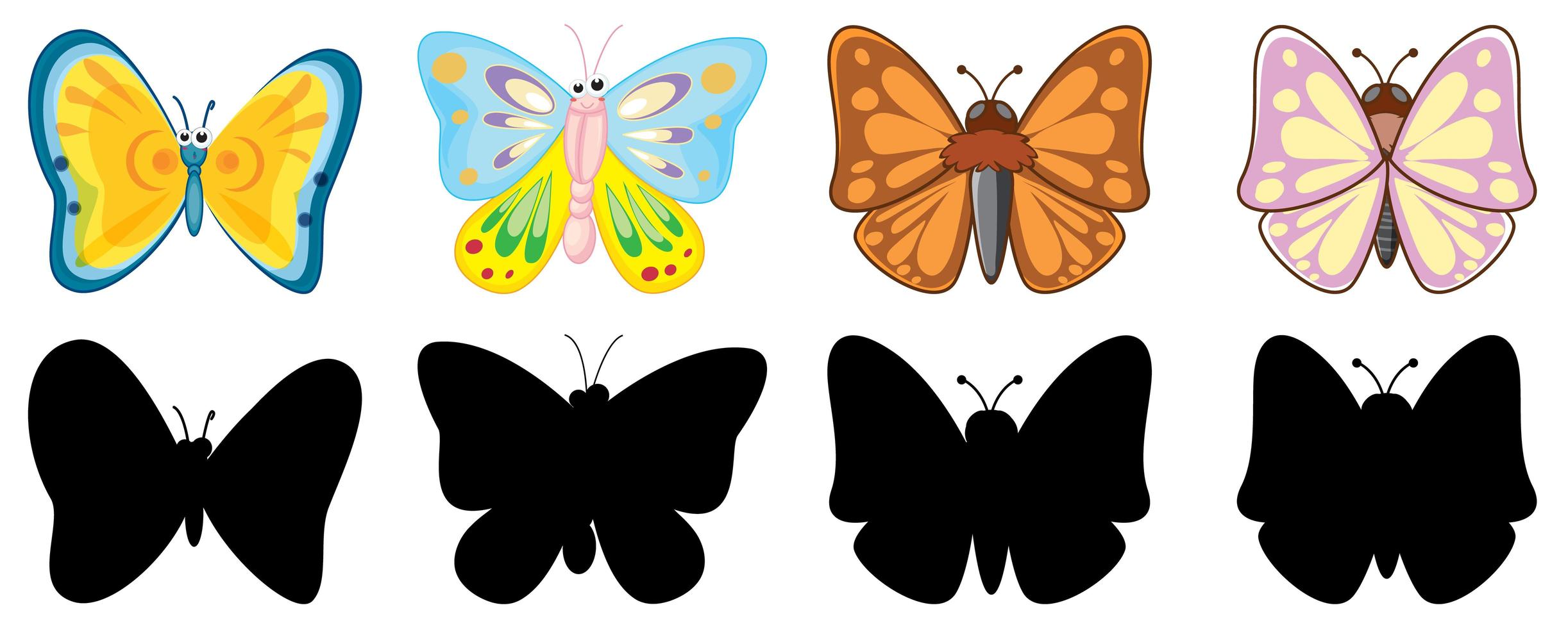 set van insect stripfiguur en zijn silhouet op witte achtergrond vector