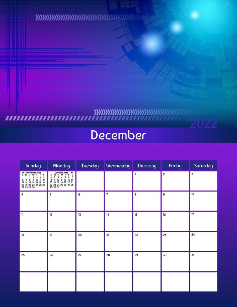 ons brief papier grootte vector futuristische maandelijks ontwerper kalender december 2022 week begint Aan zondag. verticaal abstract organisator, gewoonte volger. kleurrijk modern illustratie.