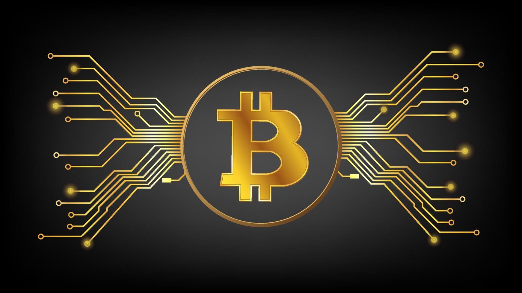 goud bitcoin btc cryptogeld symbool in cirkel met pcb sporen Aan donker achtergrond. ontwerp element in techno stijl voor website of spandoek. vector illustratie.