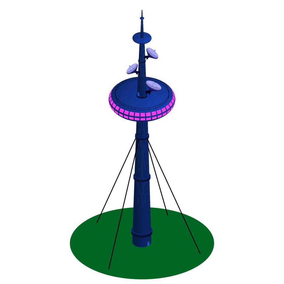 isometrische gedetailleerd televisie toren met satelliet gerechten en restaurant bovenstaand geïsoleerd Aan wit. beveiligd met kabel banden. vector eps10.