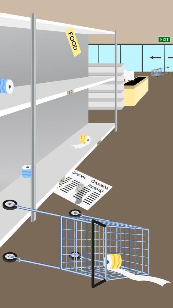 leeg schappen in de op te slaan ten gevolge naar de paniek van coronavirus. de op te slaan liep uit van voedsel en benodigdheden. mensen kocht omhoog allemaal de toilet papier en voedsel. vector eps 10. verticaal.