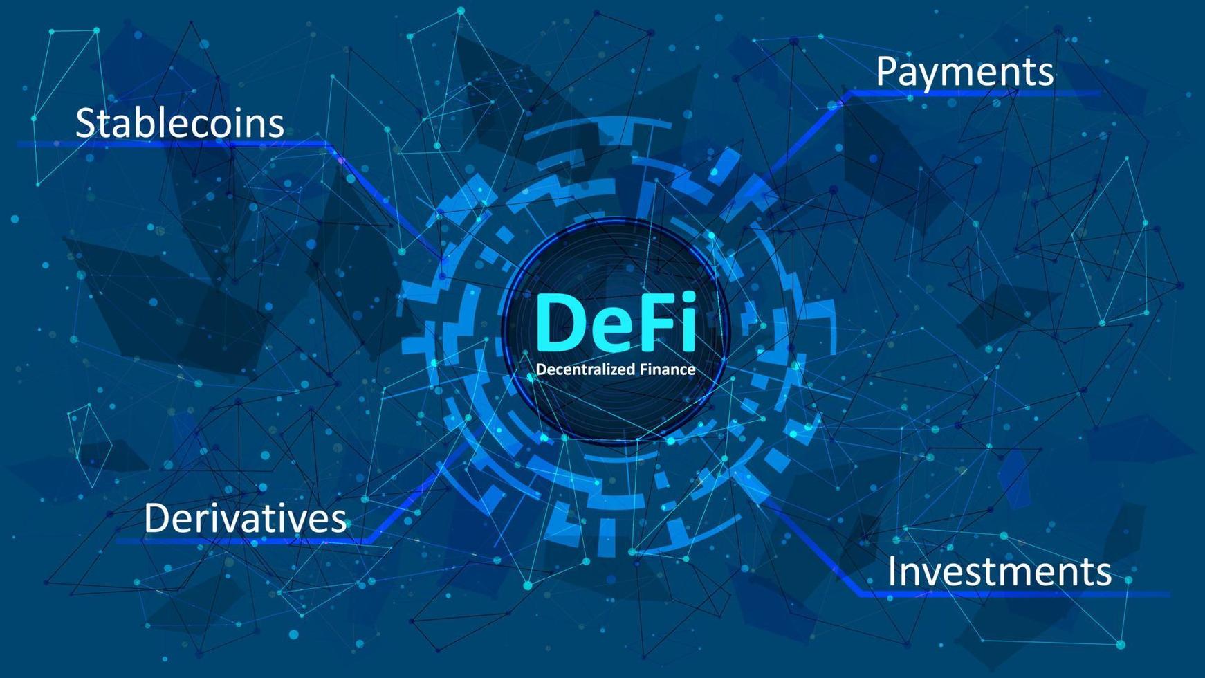 defi - gedecentraliseerd financiën in een digitaal cirkel Aan donker blauw abstract veelhoekige achtergrond. een ecosysteem van financieel toepassingen en Diensten gebaseerd Aan openbaar blockchains. vector eps 10.