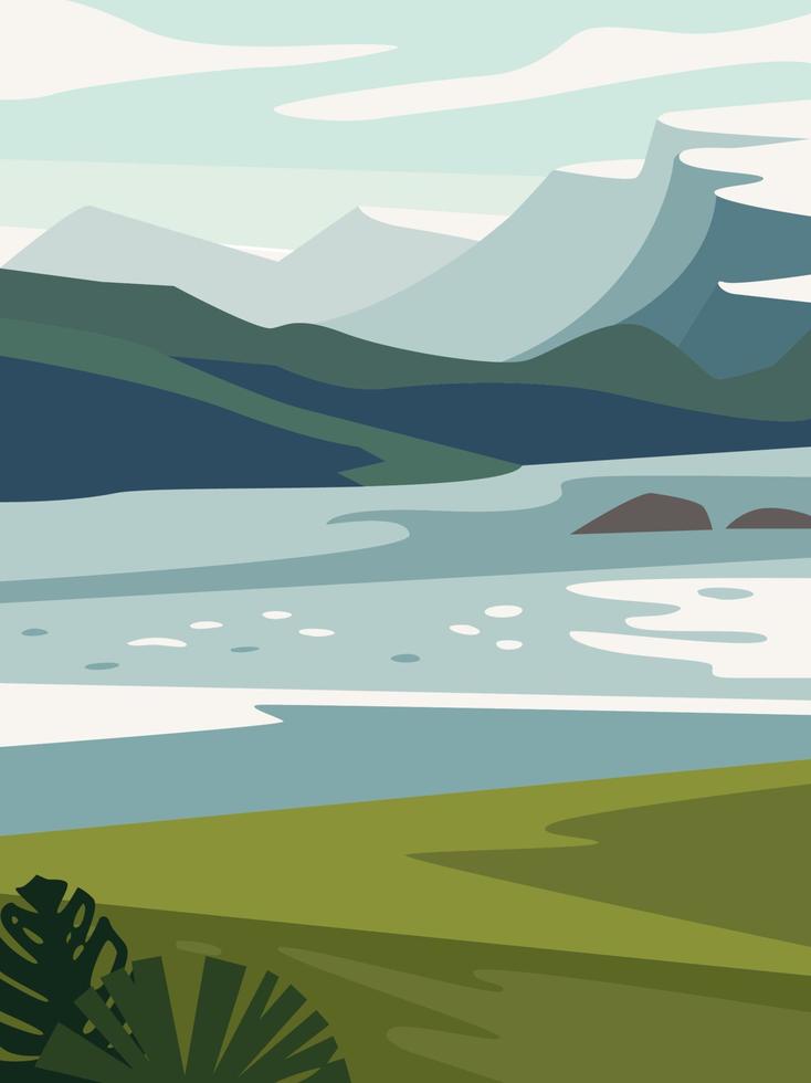 mooi modern visie van natuur landschap met Woud, bergen, rivier, meer, waterval en dennen. banier, achtergrond landschap vector illustratie