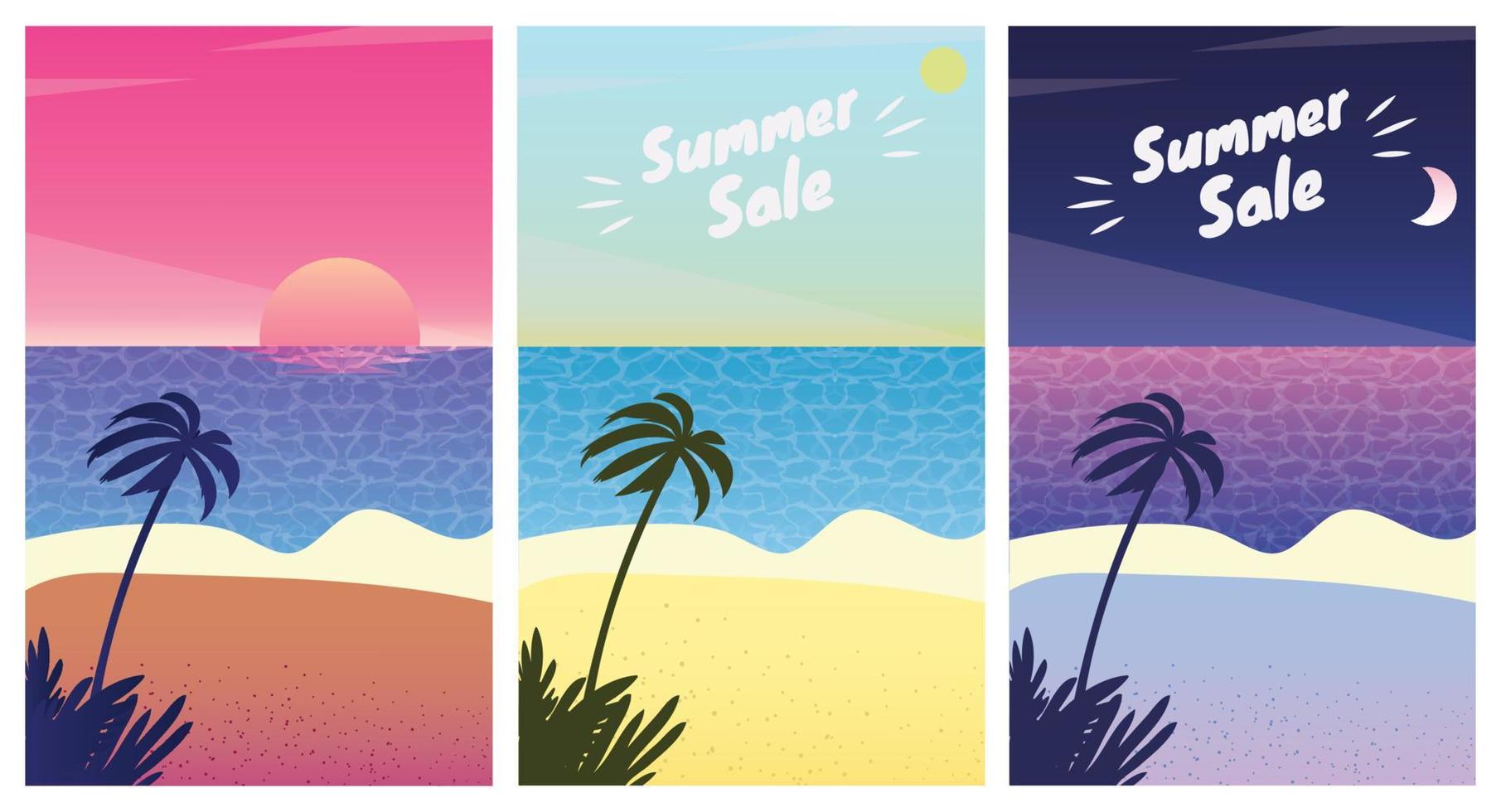 zomer strand landschap Bij zonsopkomst, zonsondergang en nacht. zomer uitverkoop seizoen banners reeks sjabloon vector illustratie