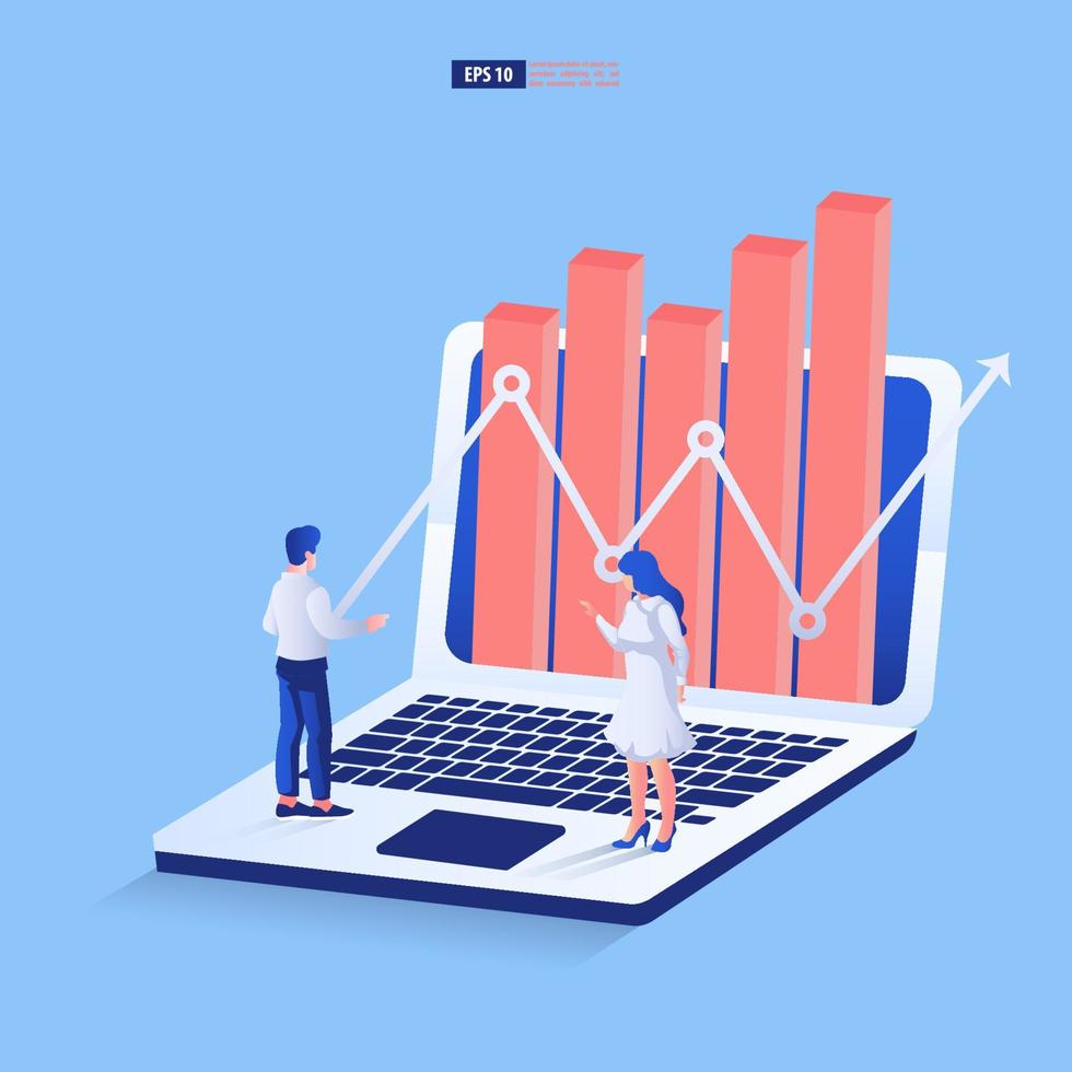 bedrijf pijl en diagram concept met vrouw en Mens bespreken gegevens Aan de laptop. toenemen tabel omhoog toenemen winst verkoop en investering. achtergrond vector