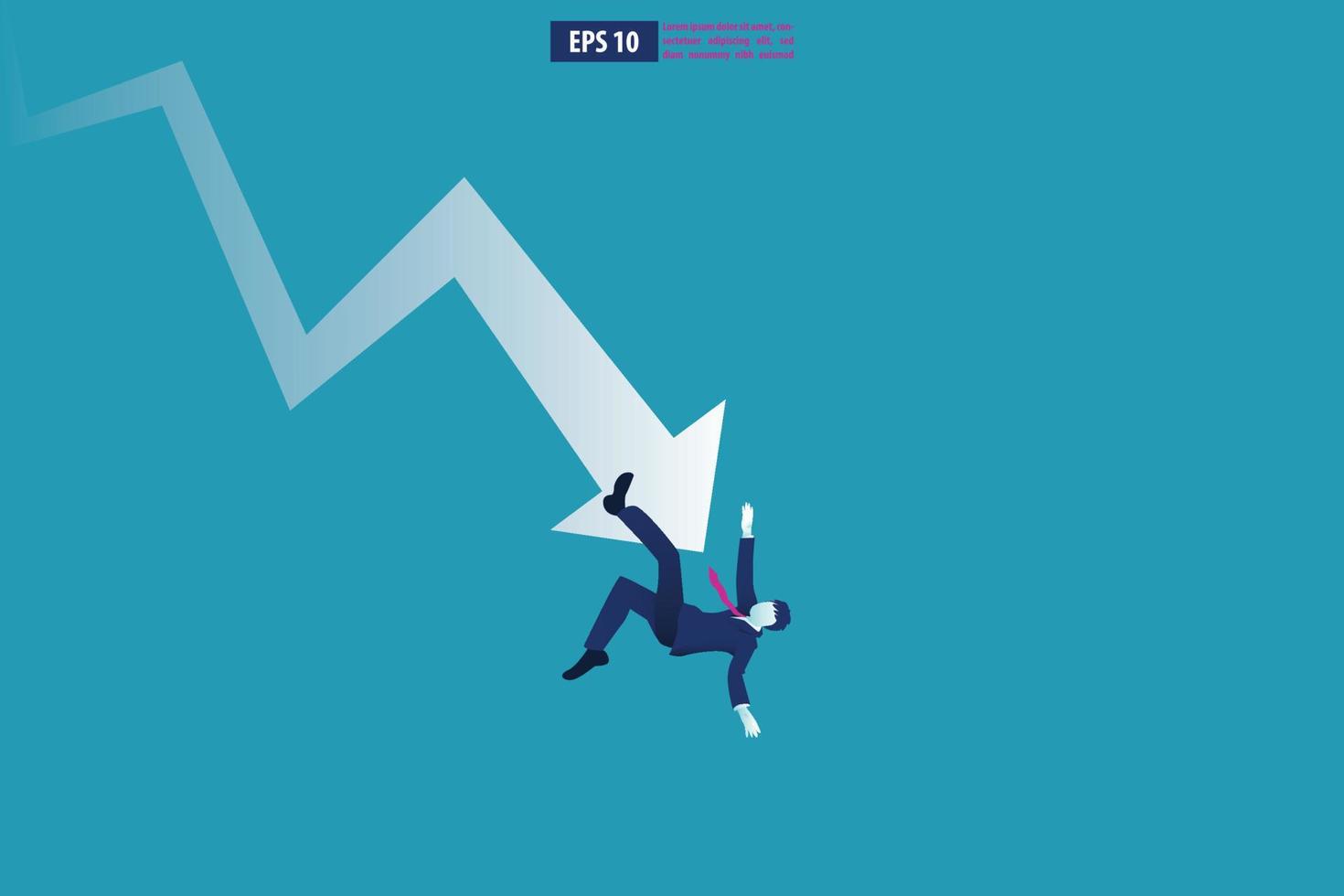 faillissement vector illustratie concept. zakenman met kapot gegaan bedrijf. globaal financieel crisis met pijl verminderen symbool. economie druppel, verloren, en failliet