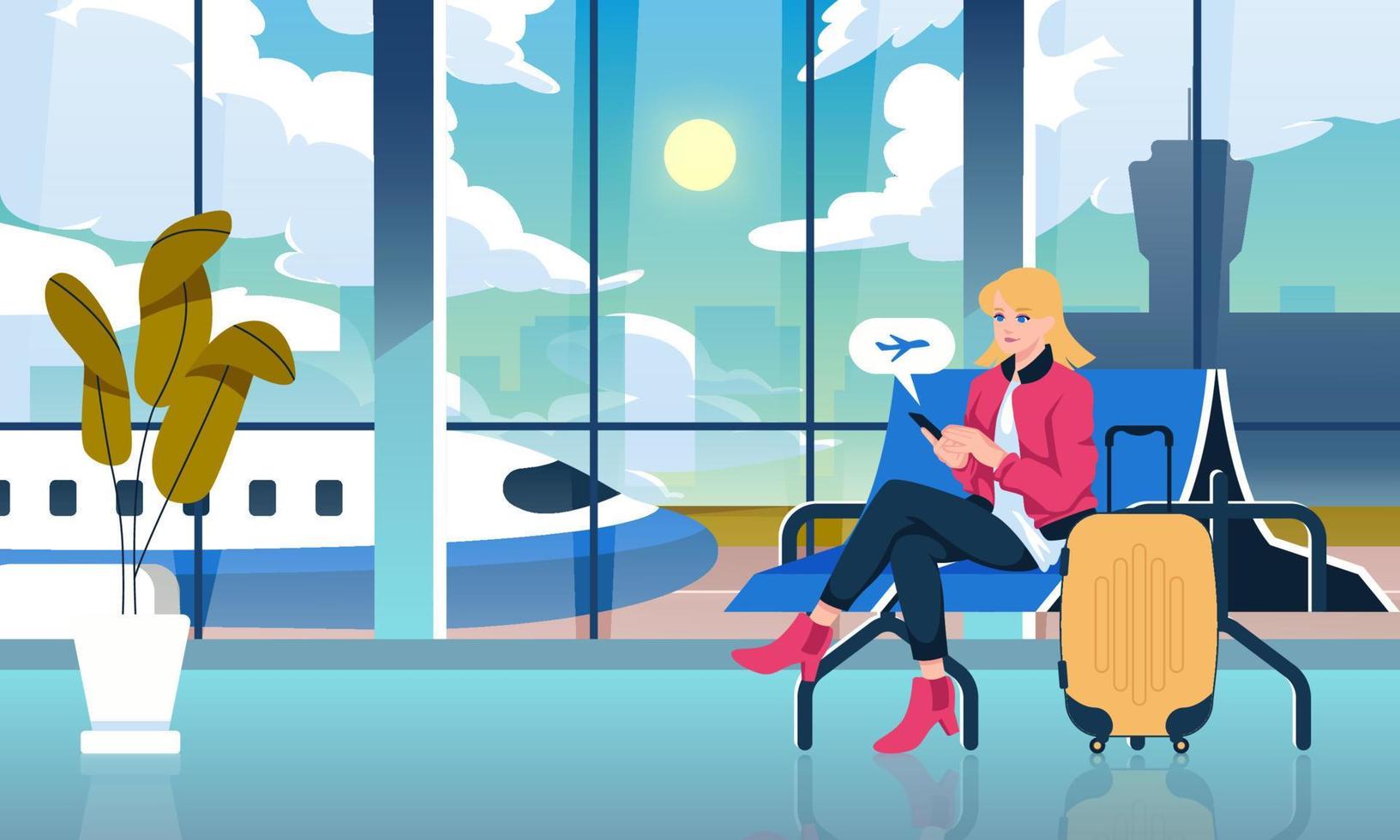 Dames Holding telefoon aan het wachten naar bord en zittend in de luchthaven terminal hal Bij middag. reizen vakantie vector illustratie