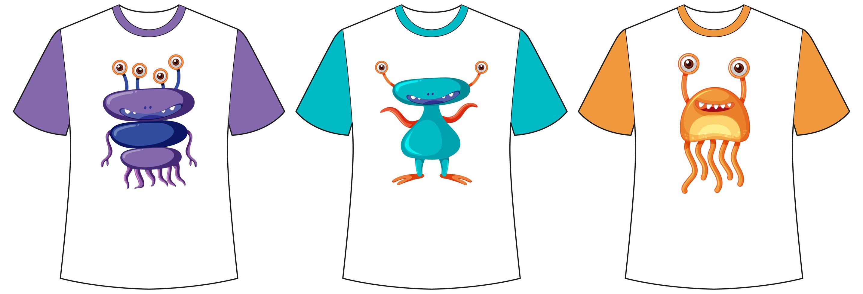 set van verschillende kleuren schattige monsters of aliens scherm op t-shirts vector