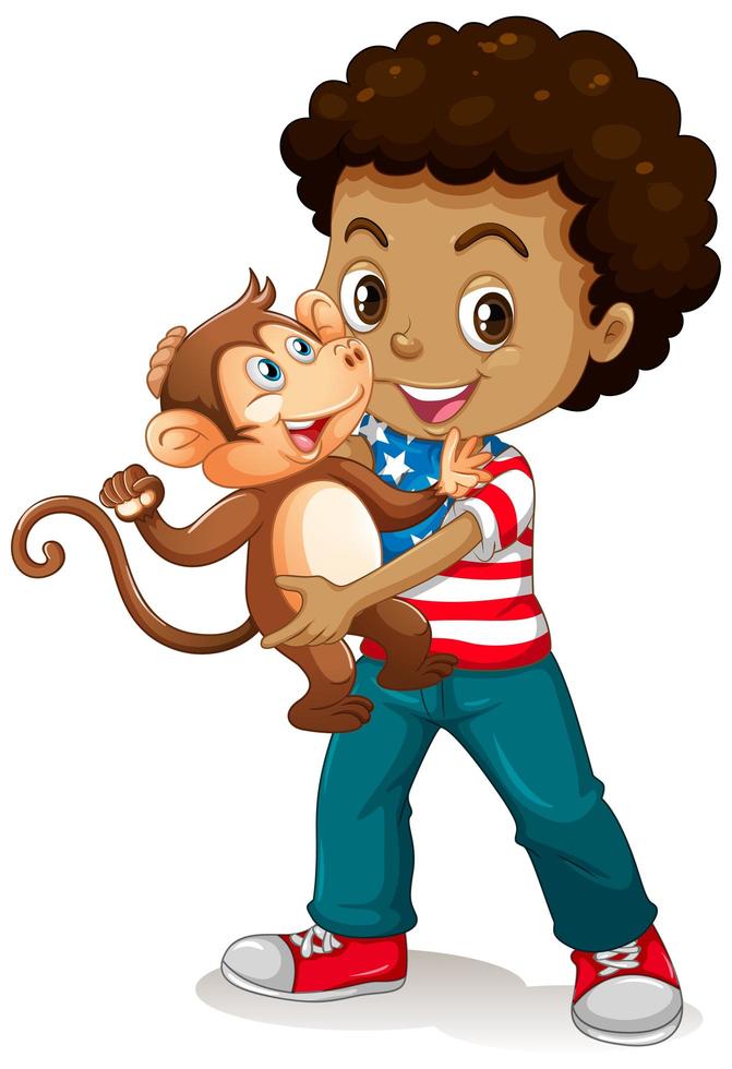 jongen met een kleine aap geïsoleerd op een witte achtergrond vector