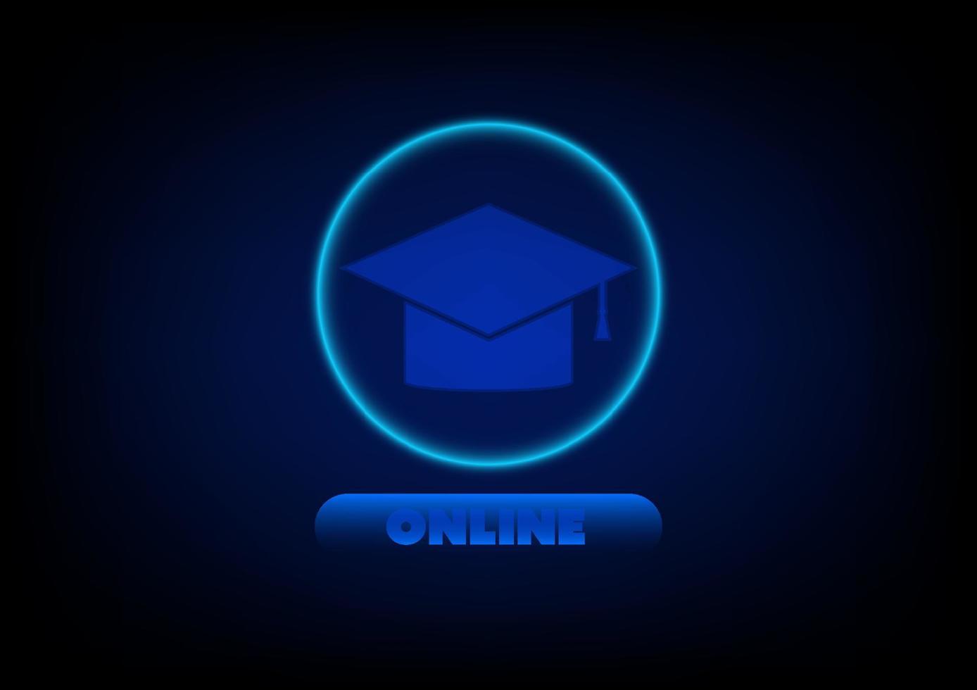 baret met knop en online tekst en licht ring Aan blauw achtergrond. onderwijs of Cursus online, e-leren. studie Bij huis. vector